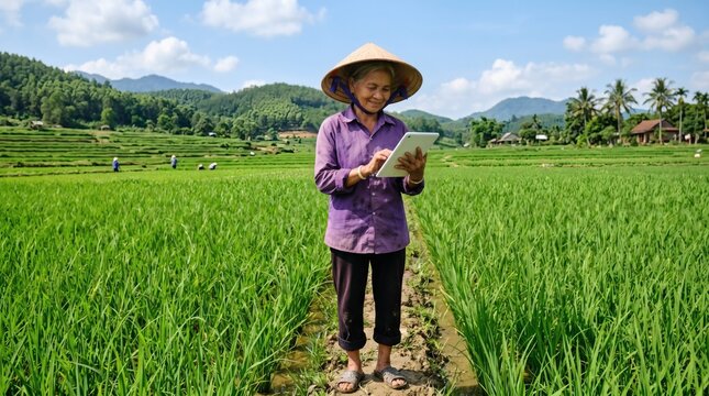 Elderly Asian female farmer using digital tablet in green rice field with mountains background.