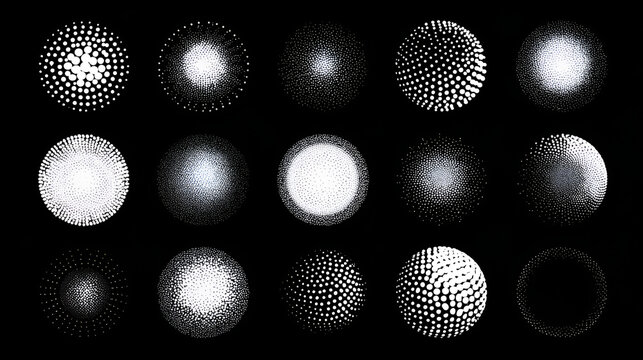 Dotted circles set, round shapes with halftone effect, dot elements collection Stock Vector