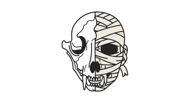 A mummified skull with one half exposed bone and the other wrapped in bandages