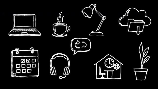 Hand drawn remote work and home office line art icons outline sketch 4k animated video, alpha transparent video