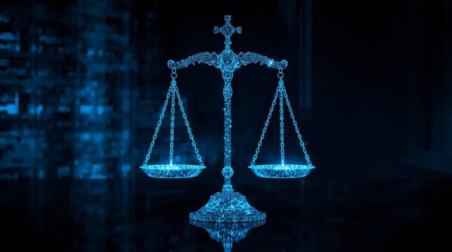 Scales of Justice Glowing Blue Digital Rendering
