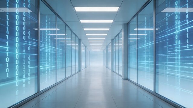 Long corridor with glass walls and binary code