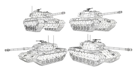 3d wireframe model of a modern military tank, armored combat vehicle with a rotating turret and longrange cannon, technical drawing style illustration for engineering and defense design concepts © Stock_Crafters