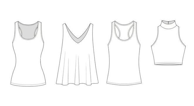 Set of womens tank tops and crop top fashion flat sketches vector illustration of sleeveless shirts with racerback, vneck, and high neck designs