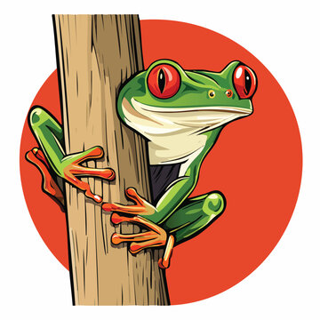 Vibrant illustration of a red eyed tree frog clinging to a tree trunk