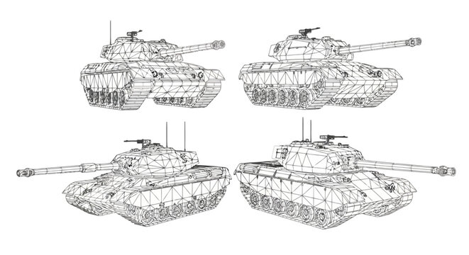 3d wireframe model of a modern military tank, armored combat vehicle with a rotating turret and longrange cannon, technical drawing style illustration for engineering and defense design concepts