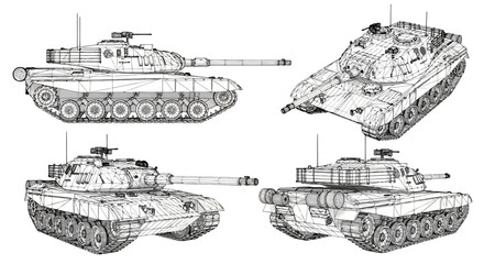 3d wireframe model of a modern main battle tank, technical schematic illustration of an armored military vehicle, side, front, rear and isometric views © Stock_Crafters