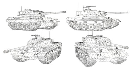 Wireframe 3d model of a military tank, detailed armored combat vehicle with turret and cannon, technical blueprint style illustration © Stock_Crafters