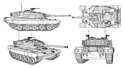 3d wireframe model of a modern main battle tank from four angles side, topdown, perspective, and rear views technical blueprint of an armored military vehicle © Stock_Crafters