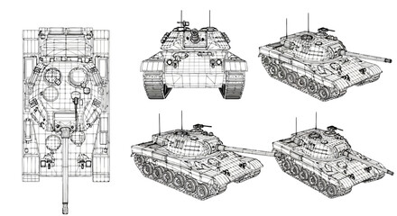 3d wireframe model of a military tank shown from multiple angles, including top, front, and perspective views technical line art illustration of the armored combat vehicle © Stock_Crafters