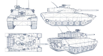 Technical blueprint of a modern military main battle tank, detailed wireframe 3d model of an armored combat vehicle with cannon and tracks © Stock_Crafters