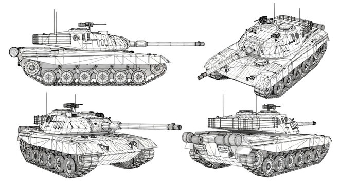 3d wireframe model of a modern main battle tank, technical schematic illustration of an armored military vehicle, side, front, rear and isometric views