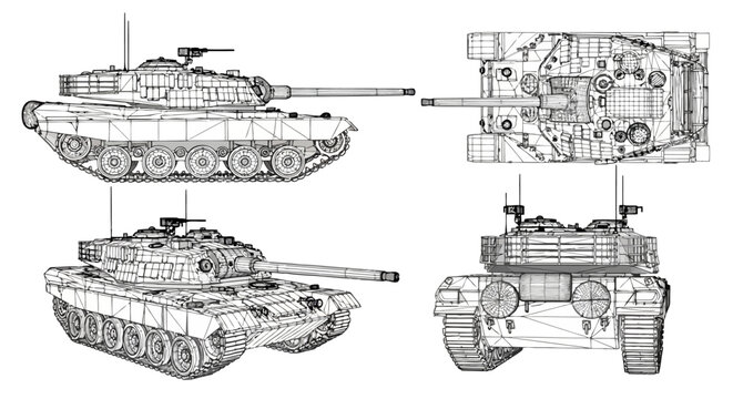 3d wireframe model of a modern main battle tank from four angles side, topdown, perspective, and rear views technical blueprint of an armored military vehicle
