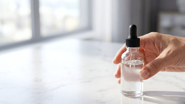 大理石のテーブルの上で美容液のボトルを持つ手。高品質な化粧品とスキンケアのイメージ