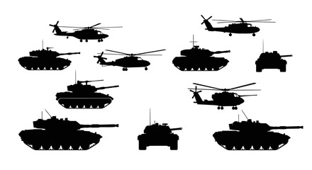 Military vehicles silhouettes set, tanks and helicopters © Stock_Crafters