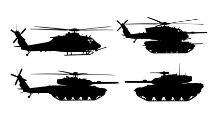 Set of military vehicle silhouettes, including helicopters and tanks © Stock_Crafters