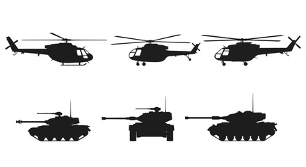 Set of military helicopters and tanks silhouettes © Stock_Crafters