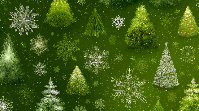 Green Christmas background with snowflakes and christmas trees,seamless pattern of christmas trees and snowflakes on green background,Christmas wrapping paper, Xmas pattern with ornaments.