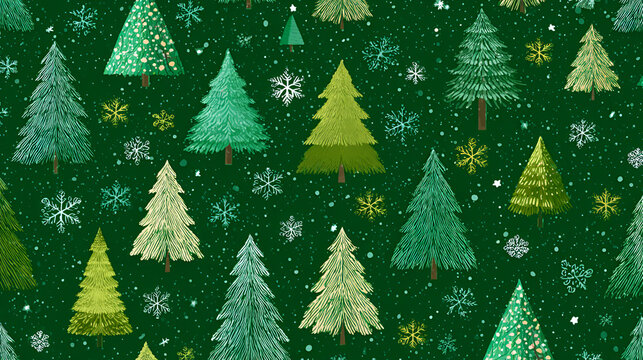 Green Christmas background with snowflakes and christmas trees,seamless pattern of christmas trees and snowflakes on green background,Christmas wrapping paper, Xmas pattern with ornaments. 