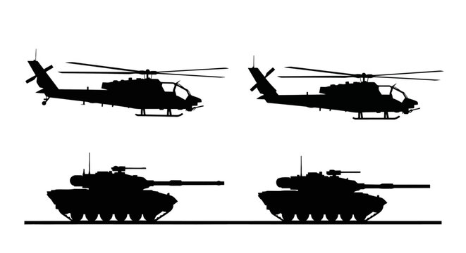 Set of military vehicle silhouettes, including attack helicopters and main battle tanks