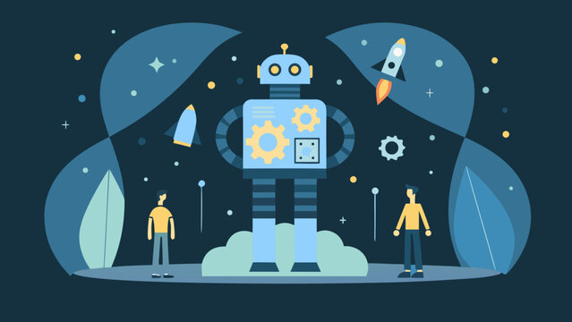 colorful illustration of a robot with rockets and people in a futuristic space scene high quality professional detailed