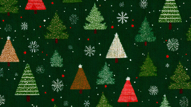 Green Christmas background with snowflakes and christmas trees,seamless pattern of christmas trees and snowflakes on green background,Christmas wrapping paper, Xmas pattern with ornaments. Stock