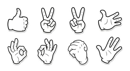 Fototapeta premium Set of cartoon hand gestures, collection of various hand signs, thumbs up, victory sign, ok sign, fist