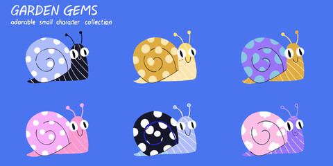 Colorful snail illustrations collection whimsical garden characters on blue © Zafor