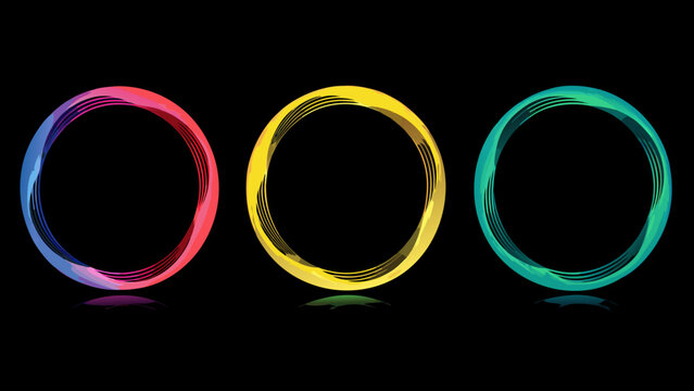 three colorful gradient circular rings with reflections on a black background high quality professional detailed modern elegant stylish