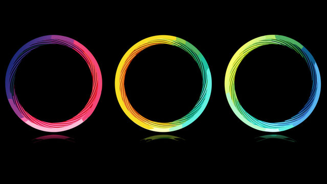 three colorful gradient circular frames against a black background abstract design element high quality professional detailed modern elegant