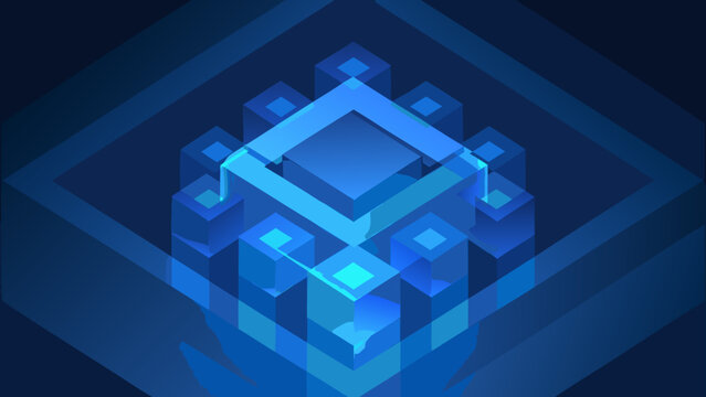 abstract glowing blue cubes arranged in a complex geometric pattern on a dark background high quality professional detailed