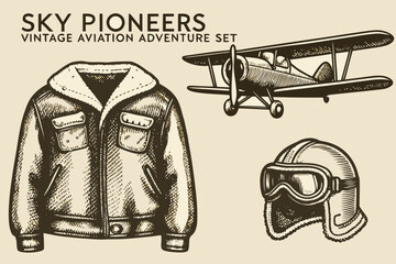 Vintage aviation set with biplane jacket and helmet illustration © Zafor