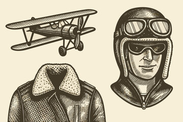 Vintage aviation set with biplane and pilot portrait sketch illustration © Zafor