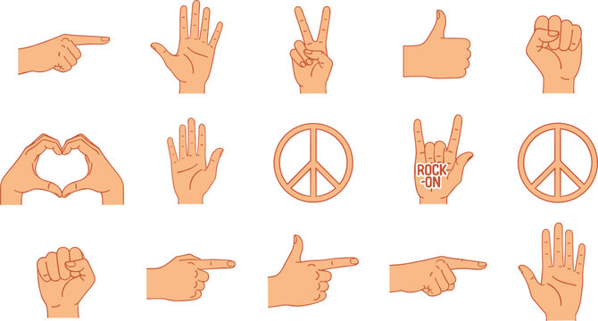 Vector Set of Hands with Various Gestures, Peace Signs, and Symbols.