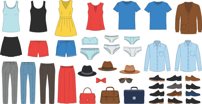 Vector Collection of Various Clothing Items Including Tops, Dresses, Shorts, Pants, Shoes, Hats, Bags, and Accessories for Men and Women.