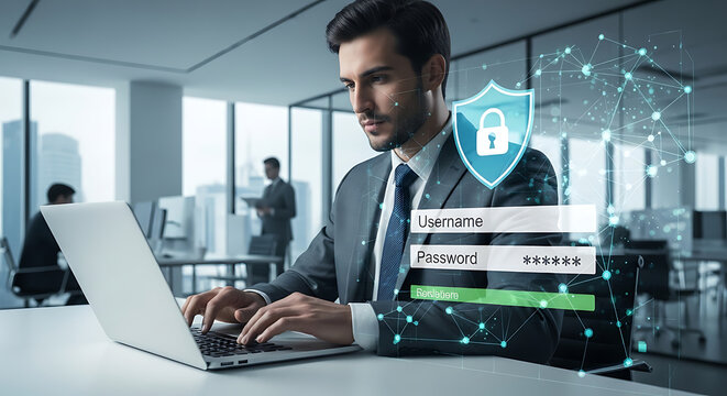 Professional businessman logging into encrypted secure laptop system using digital username and secret password interface for modern corporate cybersecurity protection and data privacy safety.