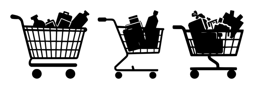 Shopping cart set with solid black icon on white background featuring e-commerce, cart, iconography with vector graphics and illustration