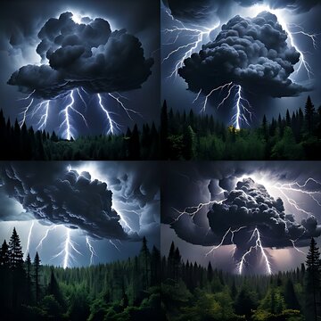 Electric storm over dark forest canopy