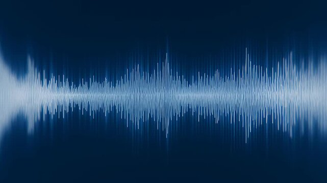 4K time-lapse of mesmerizing sound waves in motion. Abstract audio waves, resembling a digital voice visualization or radio signal frequency, flow rhythmically in monochrome lines on blue background