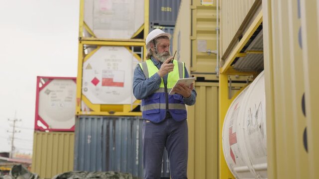 A senior supervisor inspects cargo and manages digital inventory on a tablet at a container port, overseeing supply chain operations and logistics management.