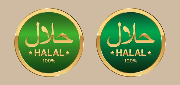 Round golden with green halal badge. Arabic calligraphy and seal design. Premium certification labels for food packaging and branding. Vector illustration isolated.