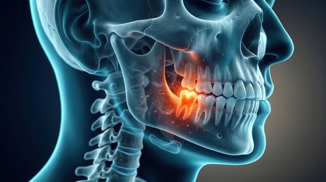 Dental Distress Unveiled: A detailed medical illustration reveals a close-up of a human head and neck, showcasing the skeletal structure. The focus is on the teeth.