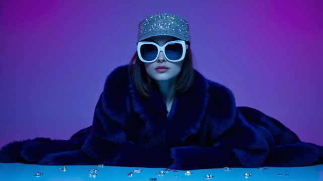 A chic model showcasing a bold look with her eye-catching sunglasses and luxurious fur coat.