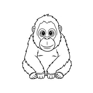 Cute Orangutan Coloring Page for Kids - Simple Black and White Line Art Illustration of a Sitting Ape for Educational Activities