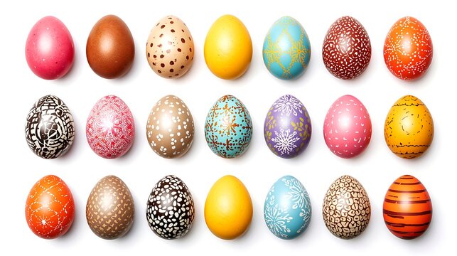 A vibrant collection of intricately decorated Easter eggs in a row. Each egg is unique with various patterns and colors, embodying the spirit of the holiday