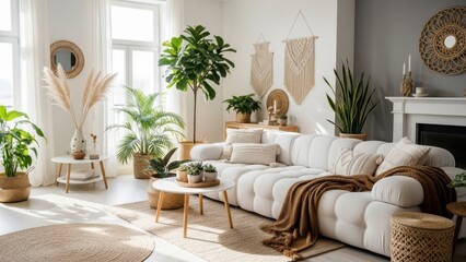 Naklejka premium Bright and cozy living room with natural decor