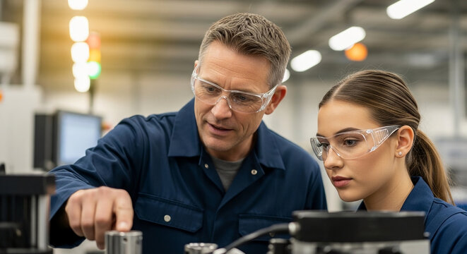 Skilled engineer guiding a young apprentice through a complex industrial manufacturing process in a modern facility