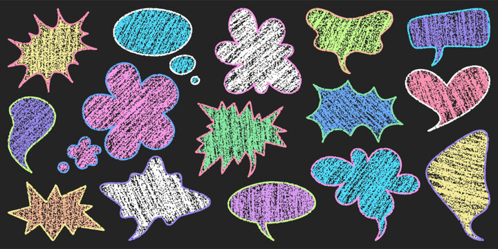 Colorful chalk speech bubbles and comic shapes on blackboard.