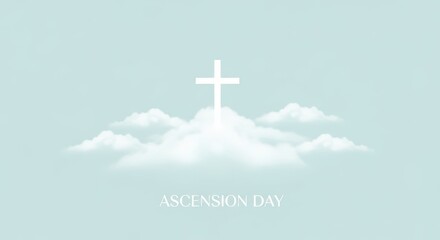 Ascension Day religious background with white cross, heavenly clouds on soft blue sky, spiritual Christian holiday greeting card