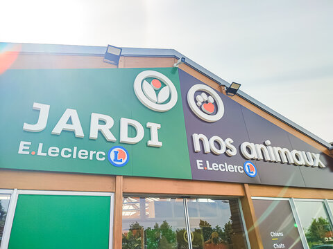 Le Mans, France - April 20, 2026: JARDI E.Leclerc store sign featuring pet supplies and garden products, bright exterior with logo and branding